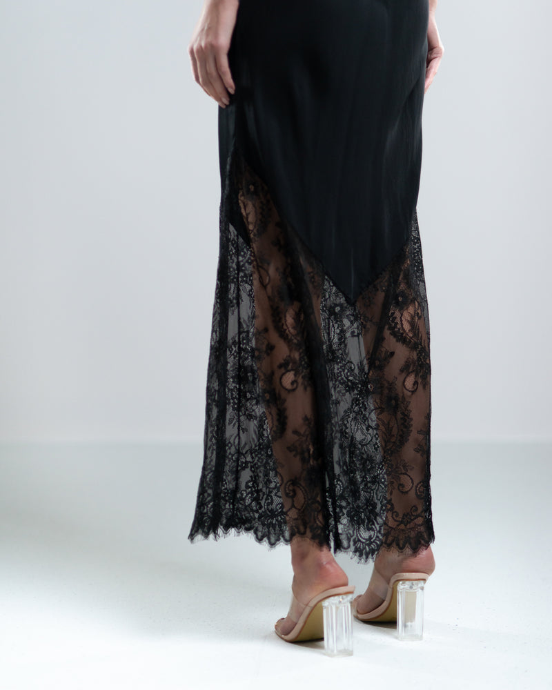 SALE | Satin Lace Maxi Slip Dress | Black