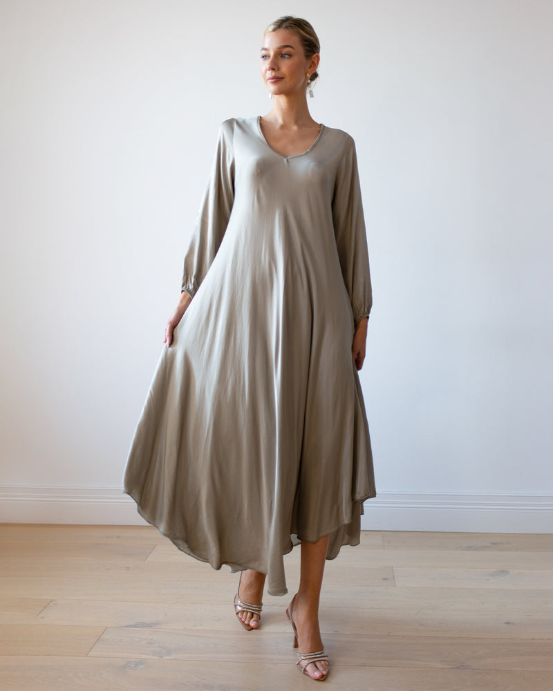 SALE | V Neck Silk Maxi Dress | Khaki